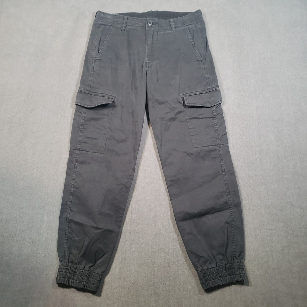 Uniqlo Cargo Jogger Pants Mens Small Black Cotton Blend Utility Tapered Cuffs